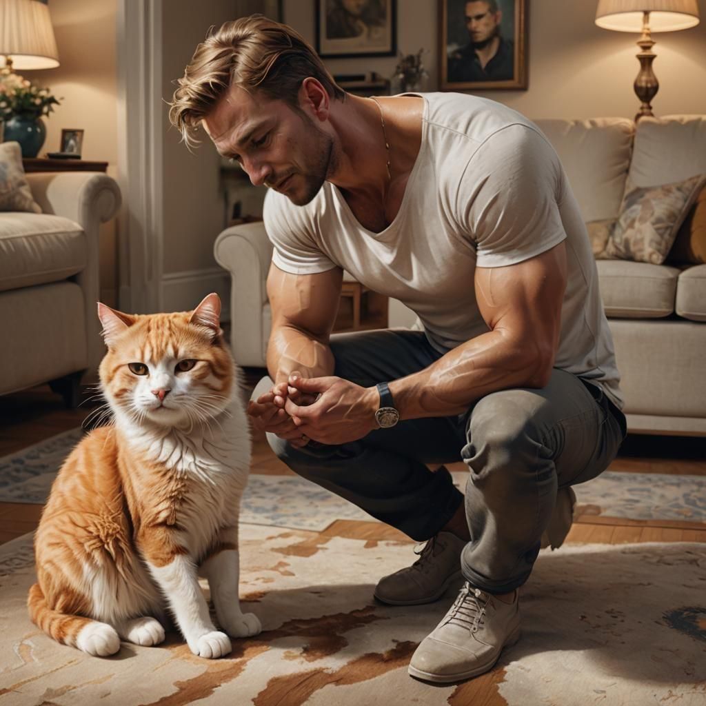 Man Cries with Cat in Living Room