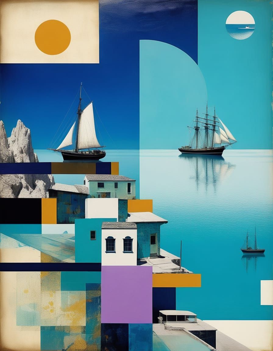 Abstract Harbour with Sail Ships in Mixed Media Style