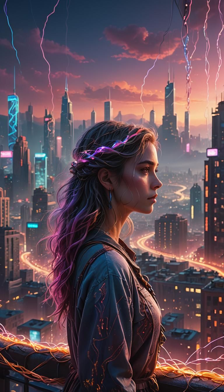 Woman Gazing Over Cityscape at Dusk