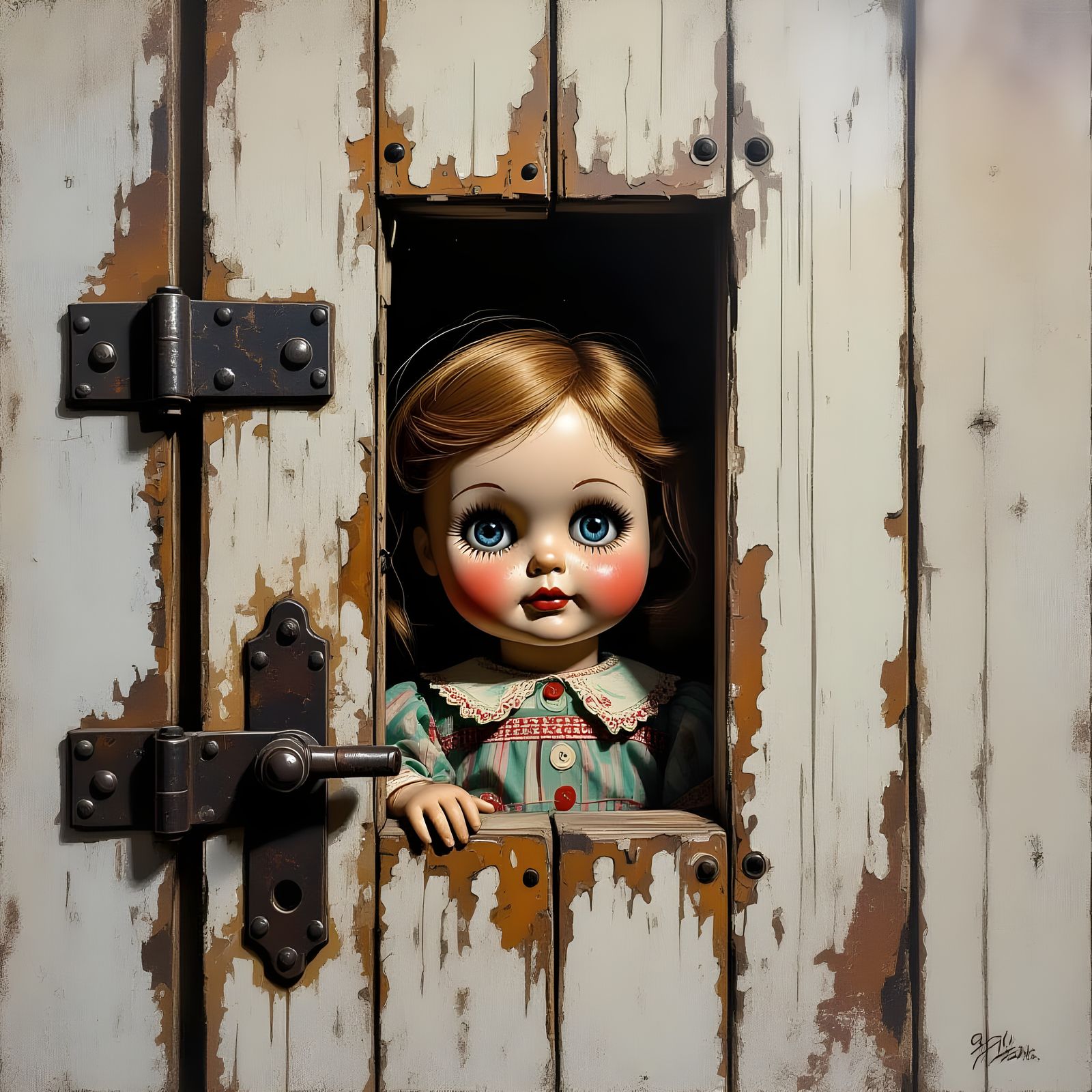 Scary Vintage Doll Peeking Through Rustic Door, Comic Style