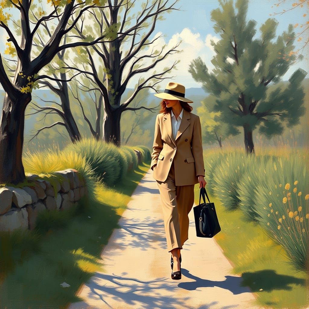 Woman in Chic Suit Walking, Impressionist Style