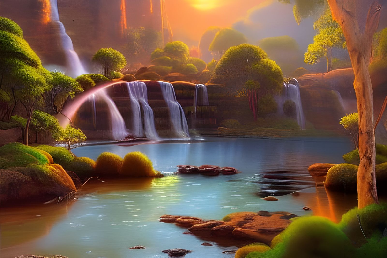 Sunset Waterfall Landscape with Reflections