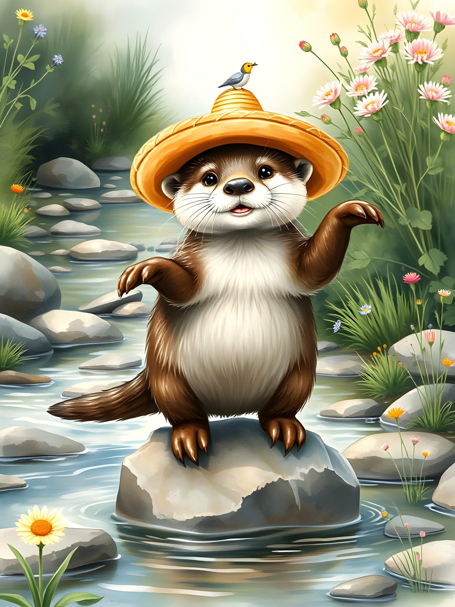 Playful Otter in Sombrero, Watercolor Art
