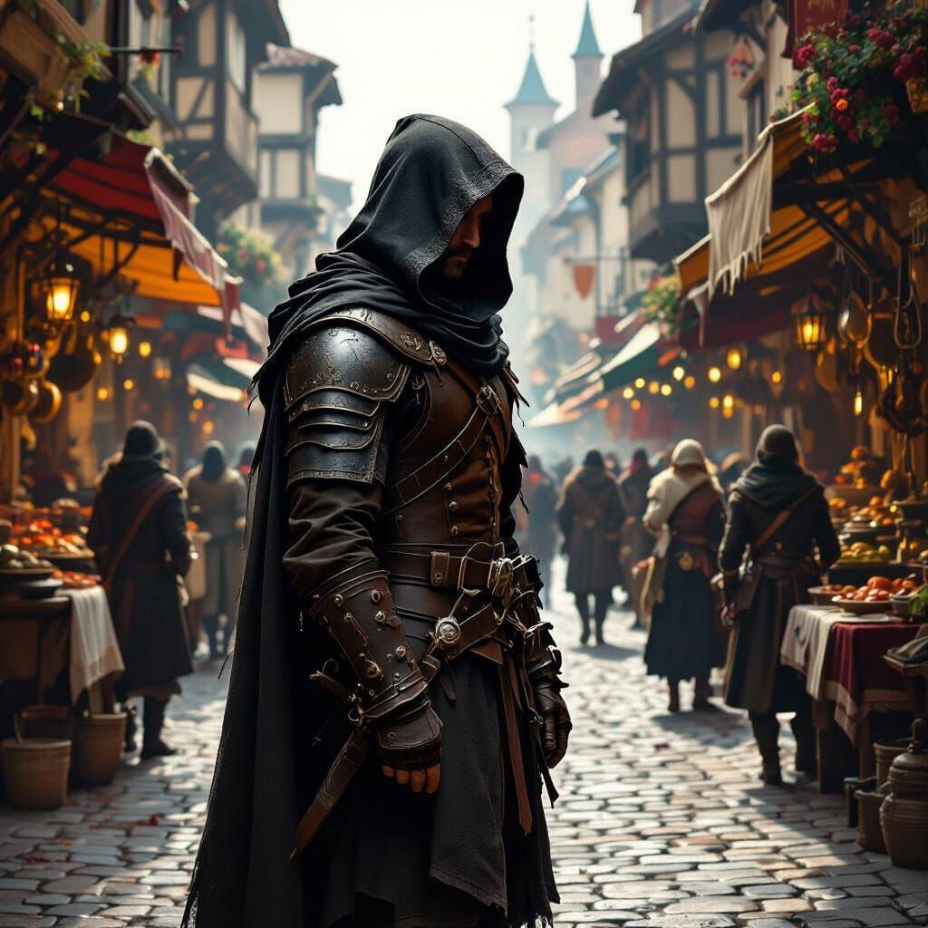 Mysterious Ranger in Medieval Marketplace Oil Painting