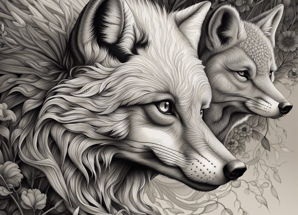 Hyperrealistic Fox and Wolf Fine Line Art