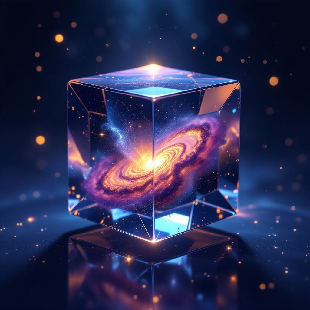 Crystal Cube Encasing Swirling Nebula in Hyperrealistic Styl...