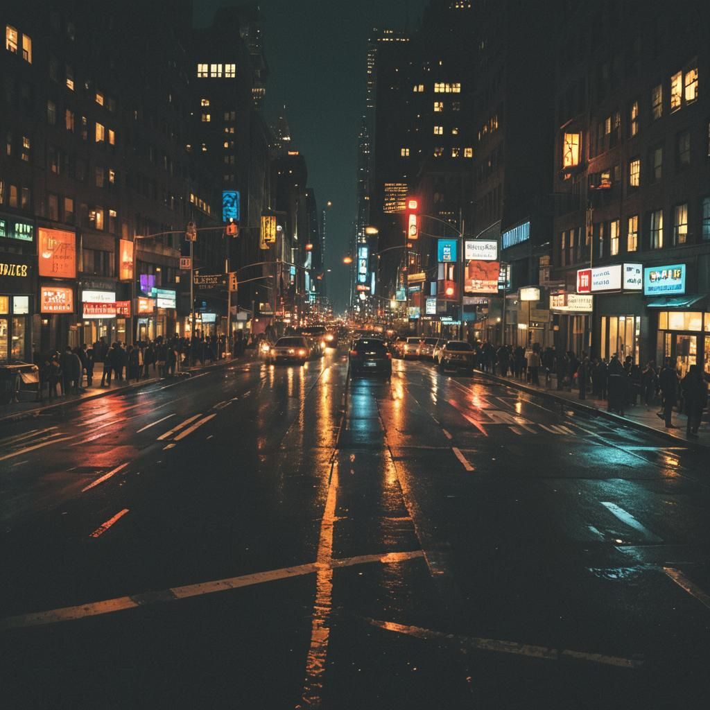 Downtown New York City at Night: Cinematic Film Still