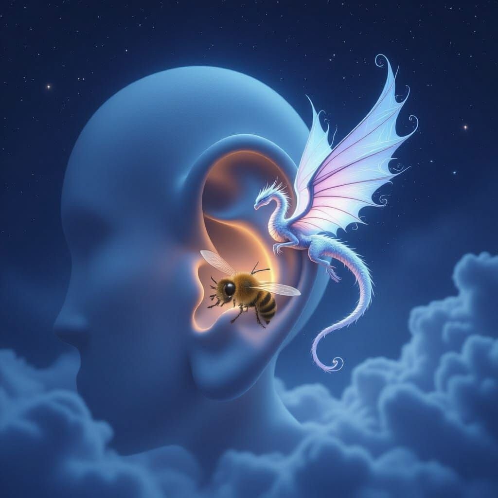 Giant Glowing Ear with Dragon in Dreamlike Night Scene