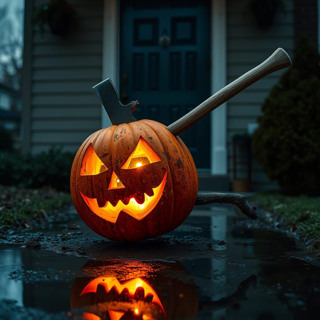 Axe-Wielding Pumpkin Leaping Before a House