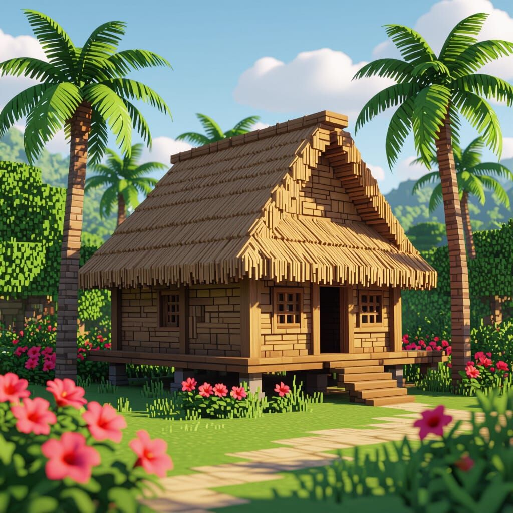 Fijian Hut in Minecraft Blocky Style