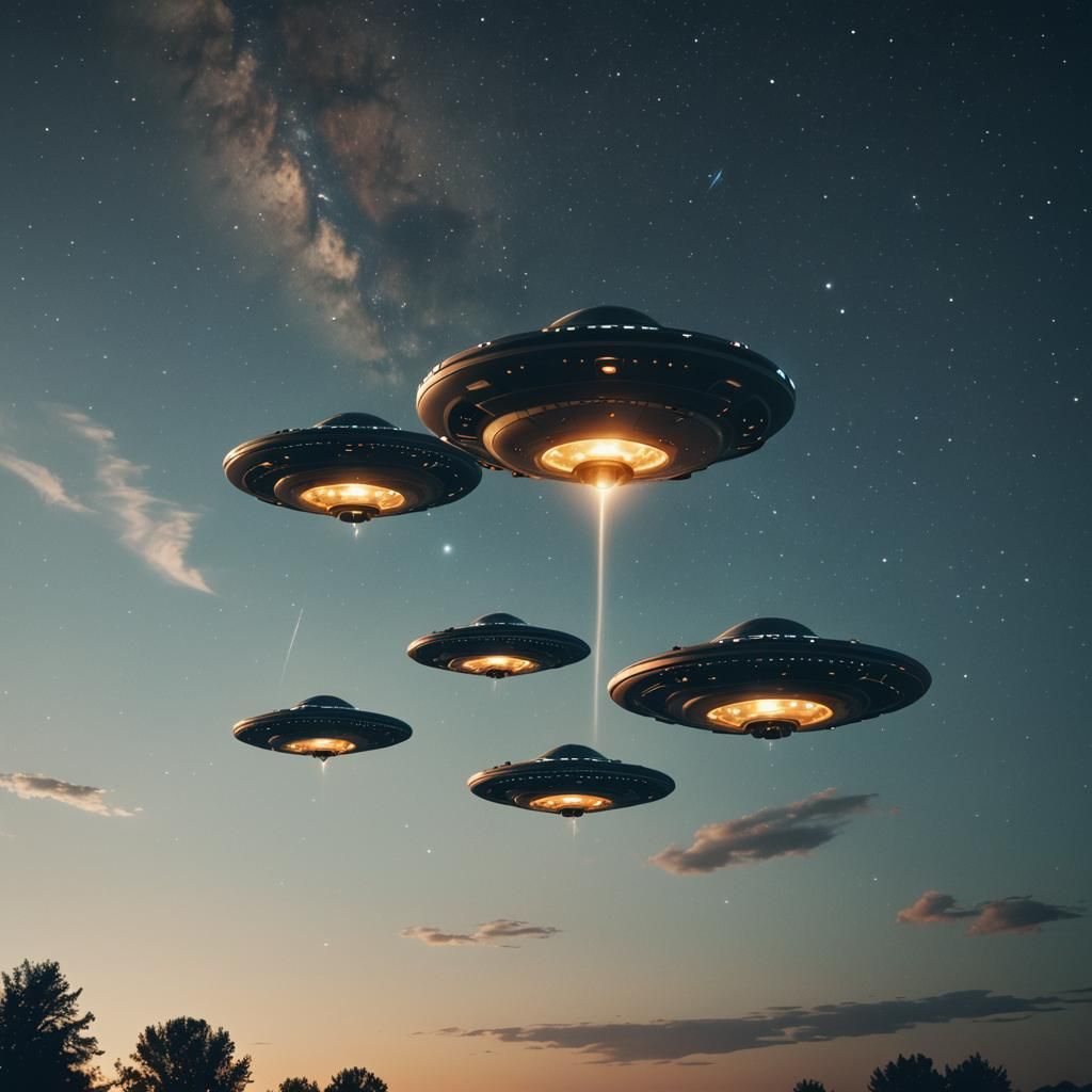 Dramatic UFOs in Starry Sky: Cinematic Film Still