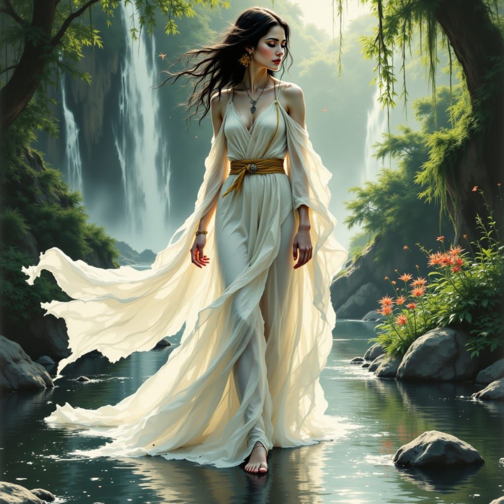 Ethereal Goddess in Art Nouveau Style with Bioluminescent Ga...