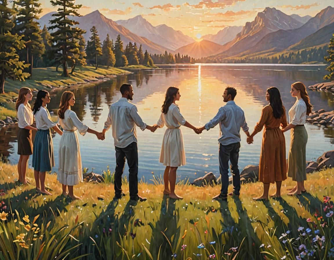 Diverse Group United in Sunset Landscape, Oil Painting