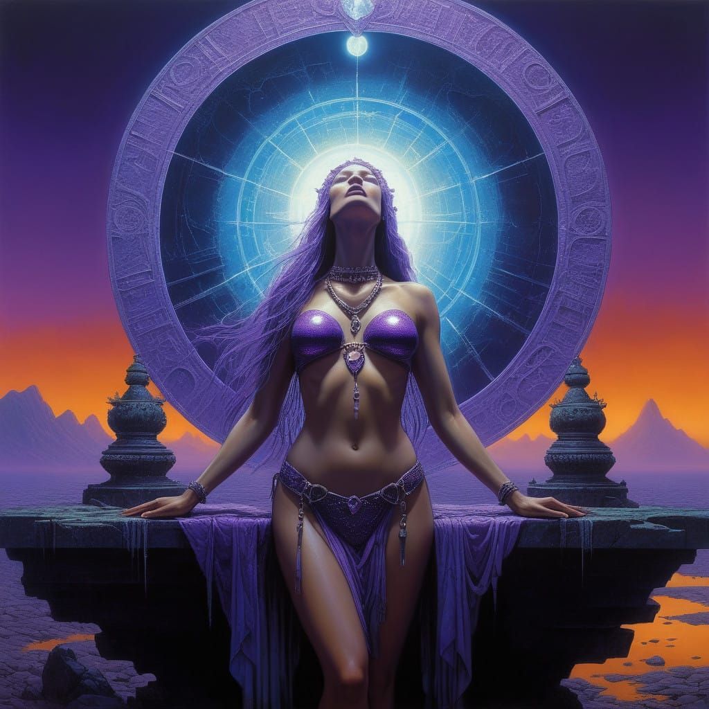 Sultry Priestess Amidst Amethyst Crystal
