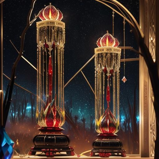 Art Deco Cinema in Erté Style with Fiery Jewels