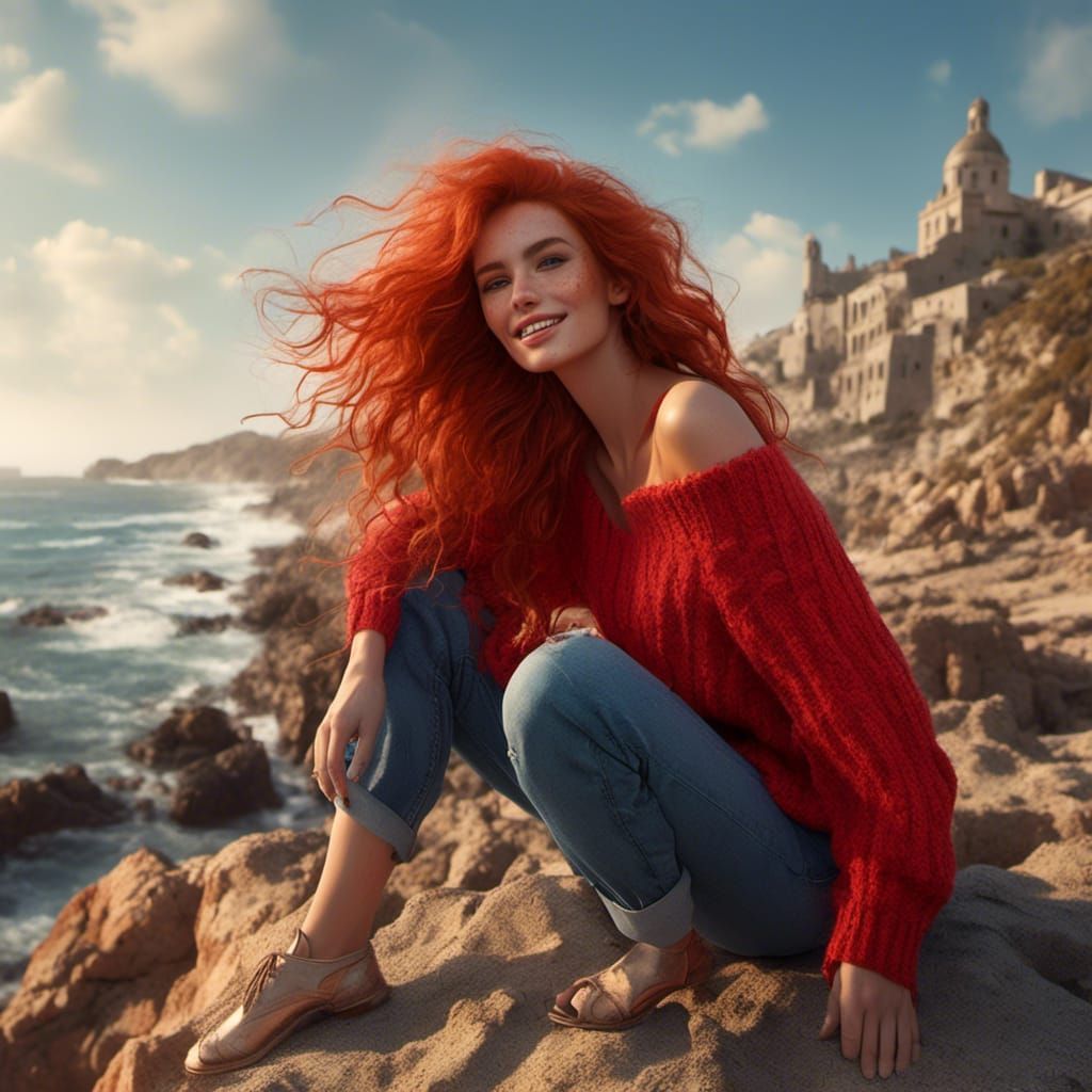 Woman with Red Hair on Beach in Sketch Style