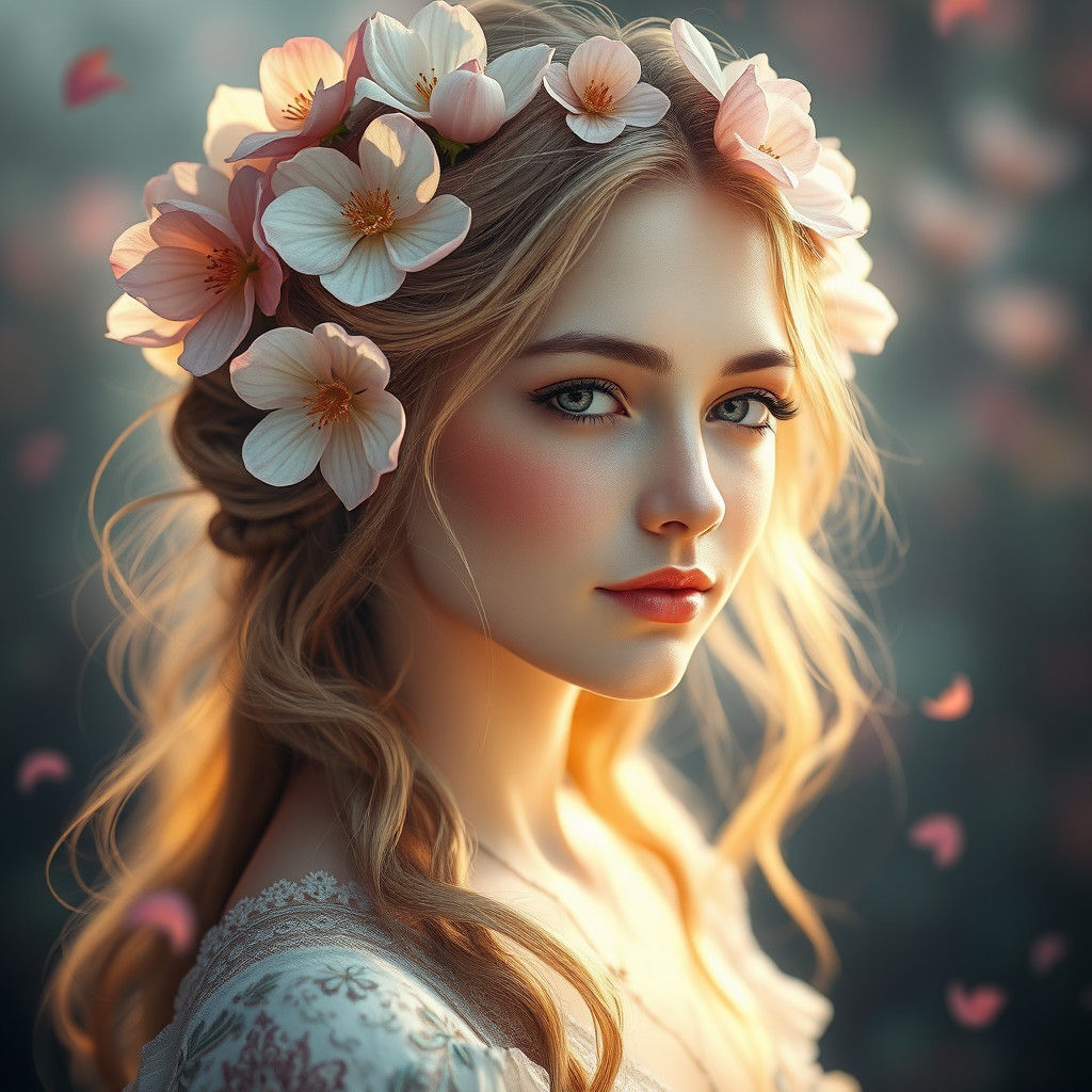 Ethereal Flower Girl Portrait in Art Nouveau Style