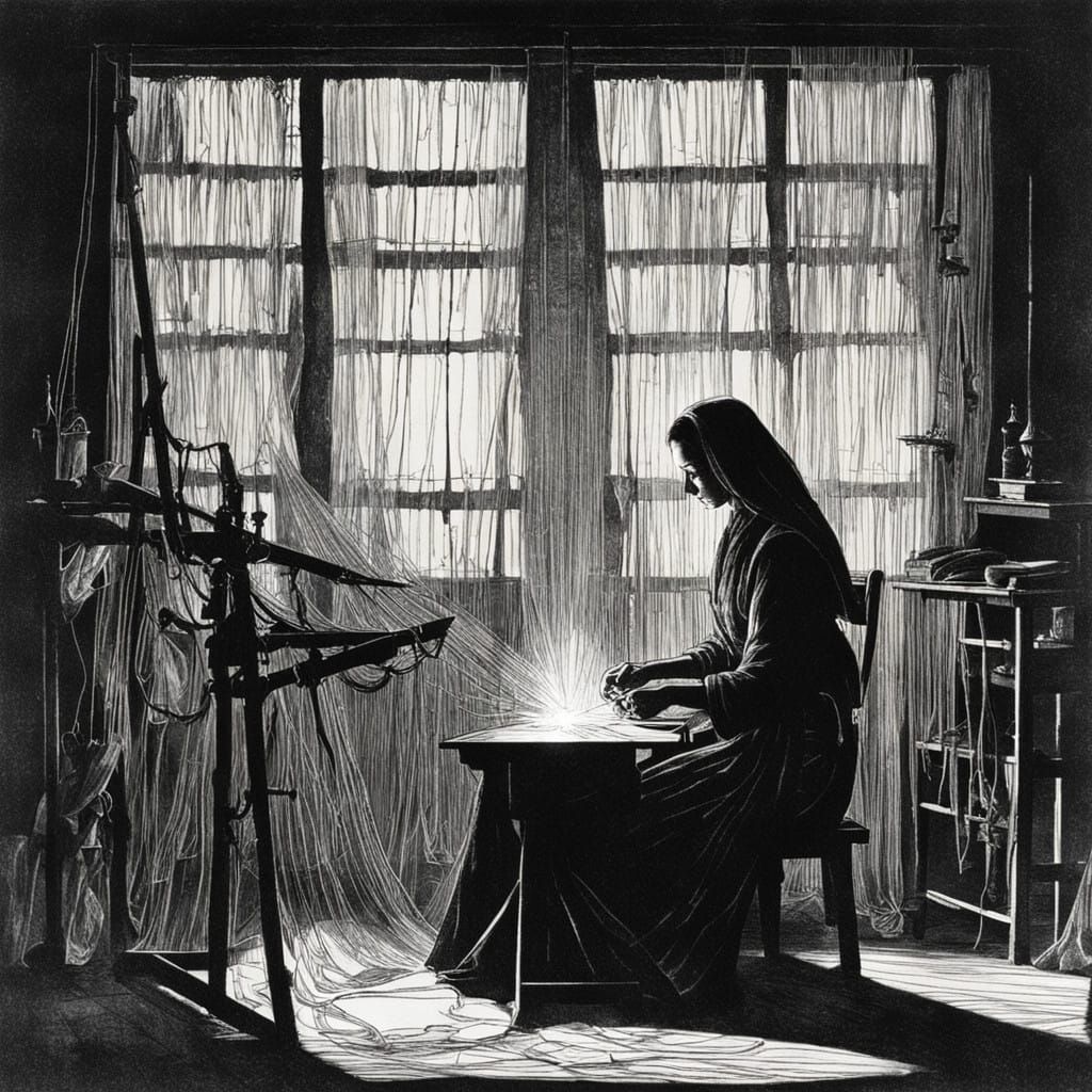 Mysterious Seamstress in a Haunted Loom Scene