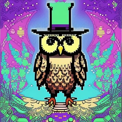 Detailed Pixel Art Owl in Top Hat