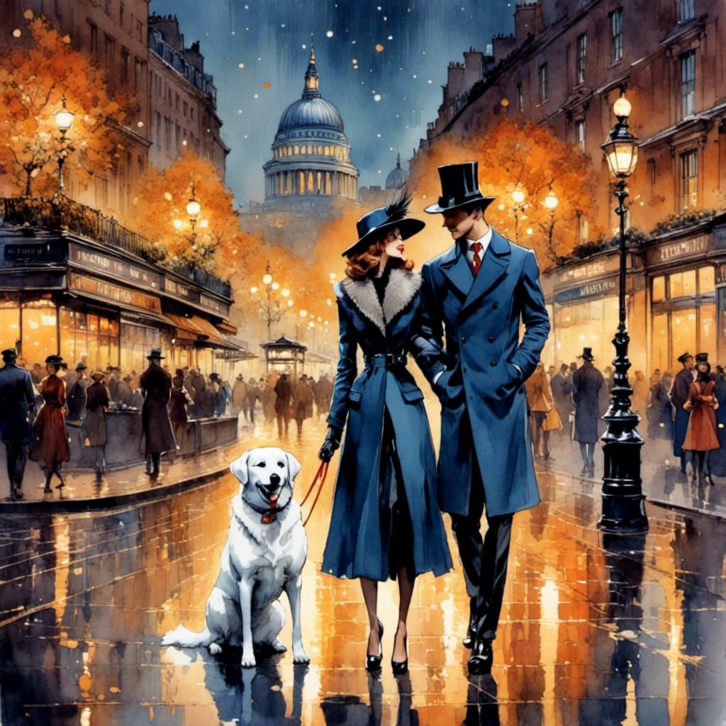 Fashionable Couple Stroll Through London in Watercolor Style
