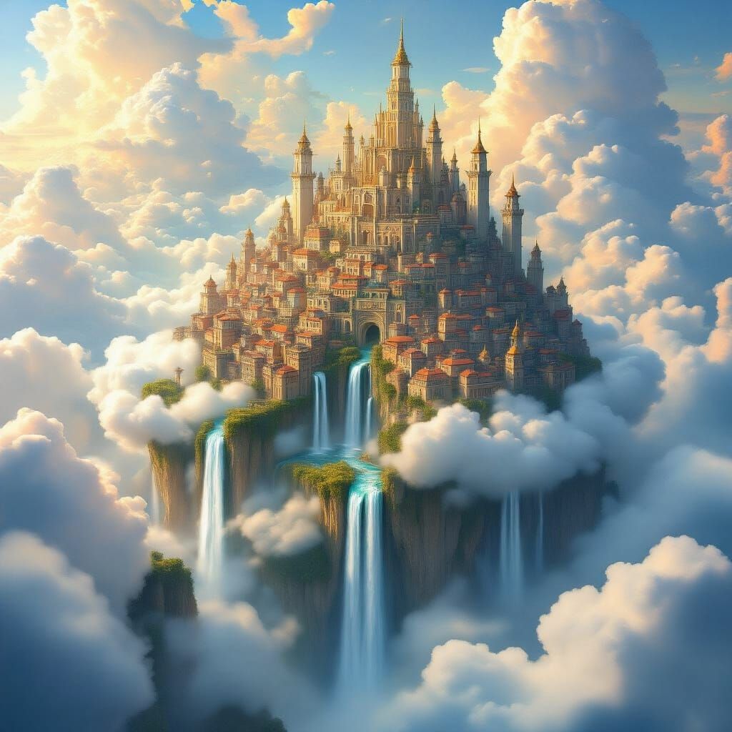 Fantasy City in Clouds with Waterfalls