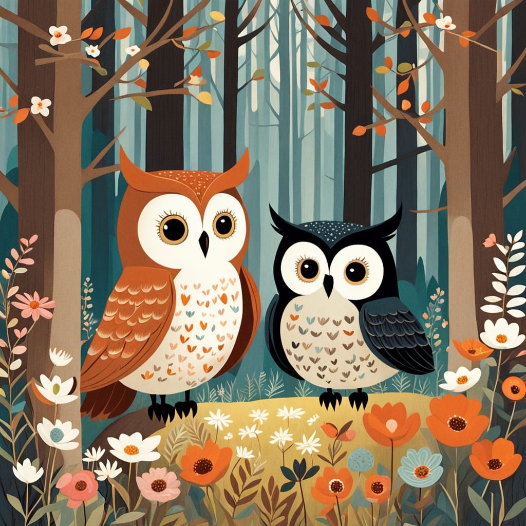 Whimsical Owl Pair in Enchanted Forest