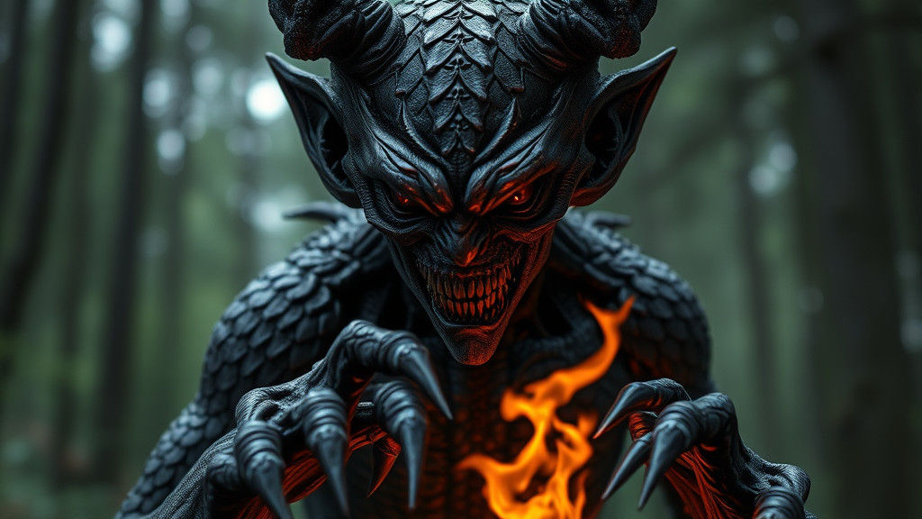 Scary Kobold Demon with Metallic Scales and Hellfire