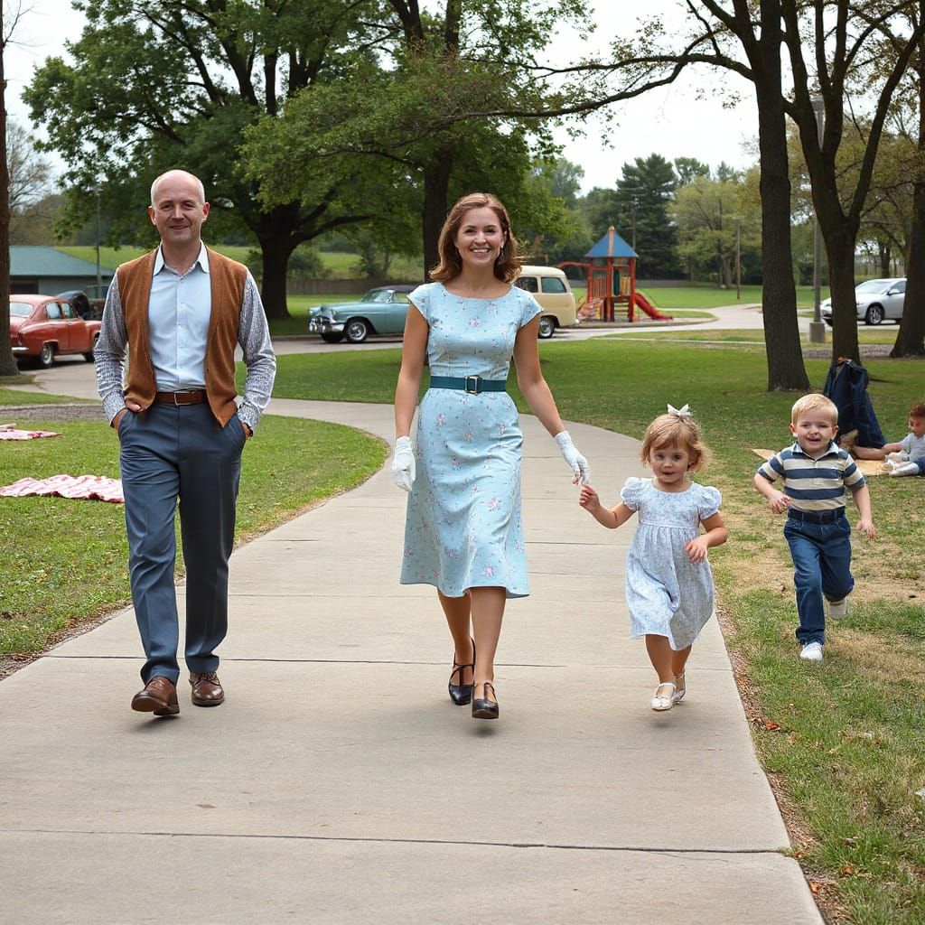 Nostalgic Family Day in a 1950s Park