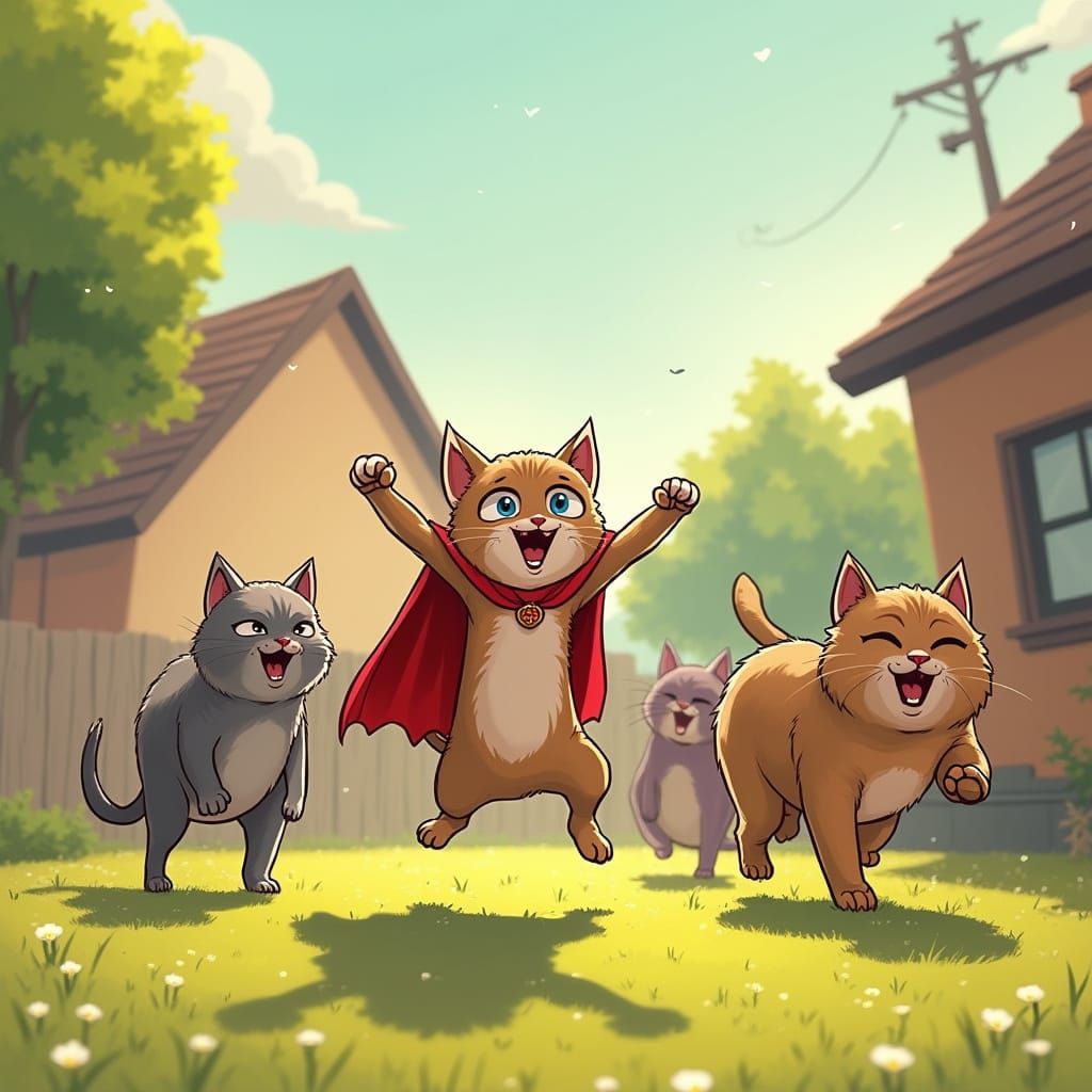 Triumphant Kitten Defeats Foes in Vibrant Backyard Battle