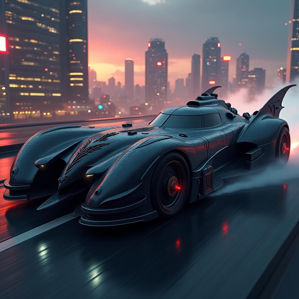 Dystopian Batmobile Concept Art in Matte Painting Style
