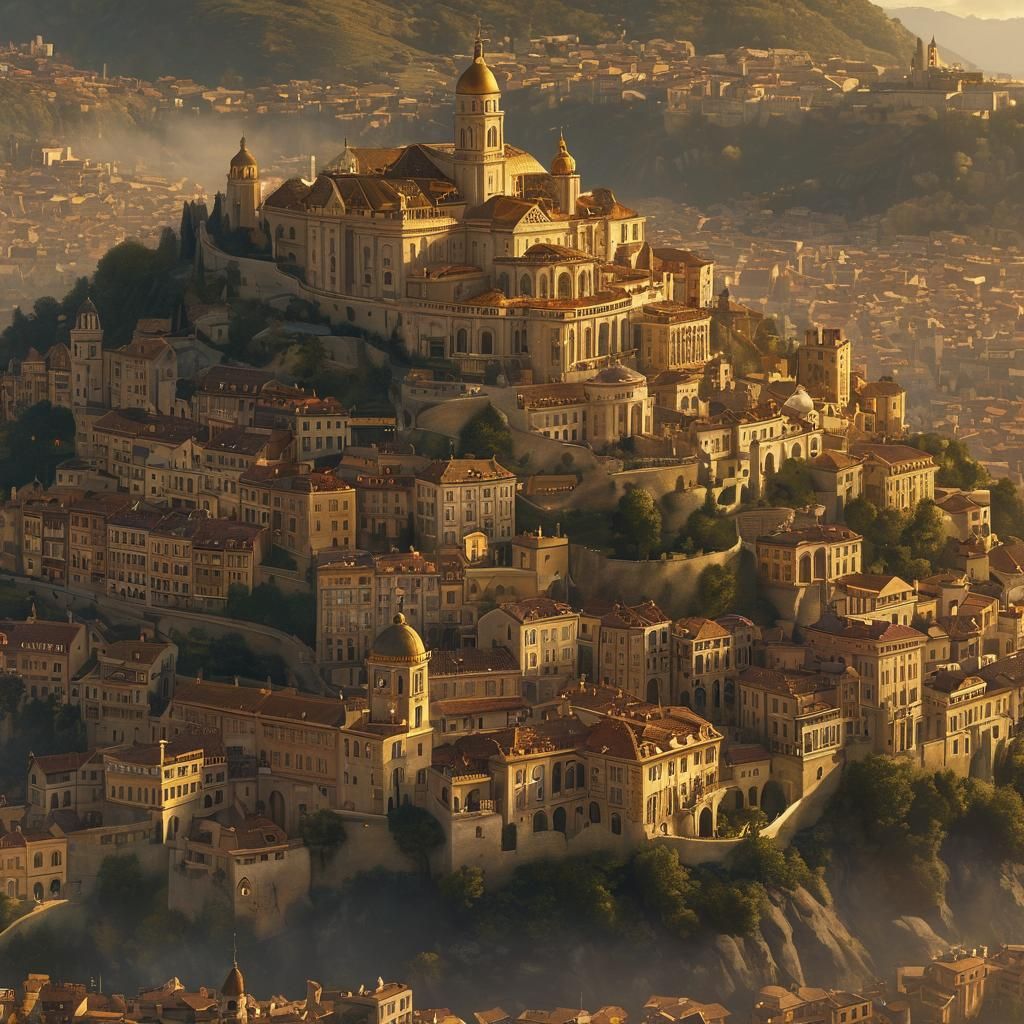 Fantasy City with Baroque Flair in Golden Light