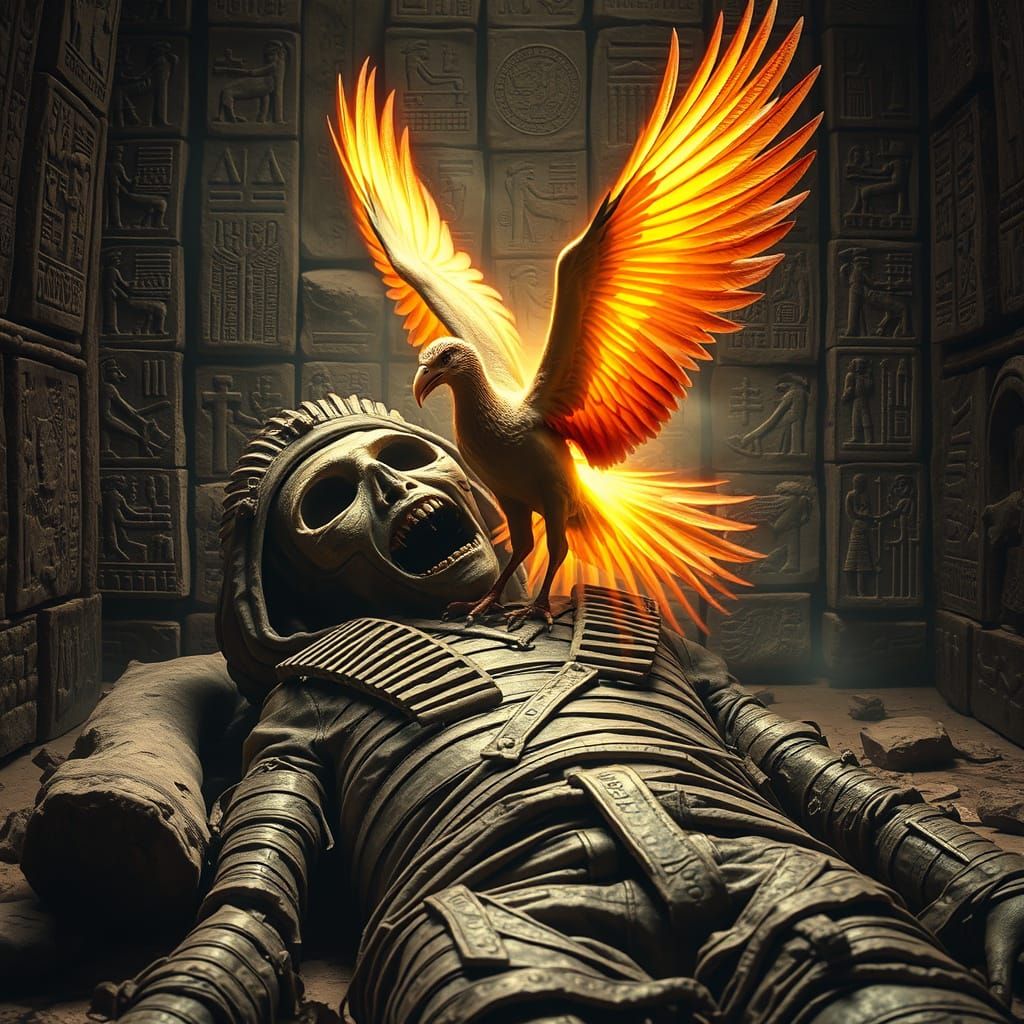Phoenix Emerges from Mummy's Mouth in Egyptian Tomb