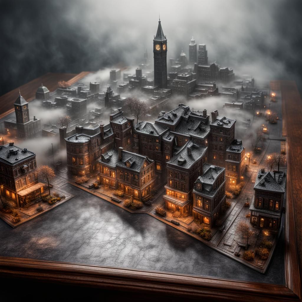 Hyperrealistic Miniature Silent Hill City in Fog