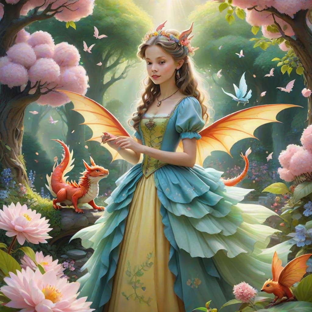 Whimsical Fantasy Illustration of Dragon Princess in Enchant...