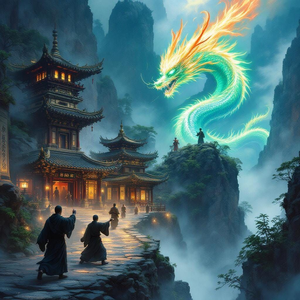 Mountainside Temple with Dragon in Fantasy Art Style