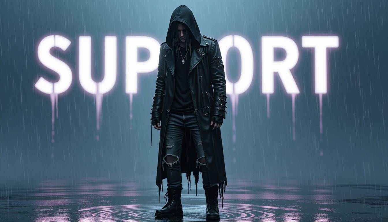 Emo Goth Man Sobbing in Rain with Neon Sign