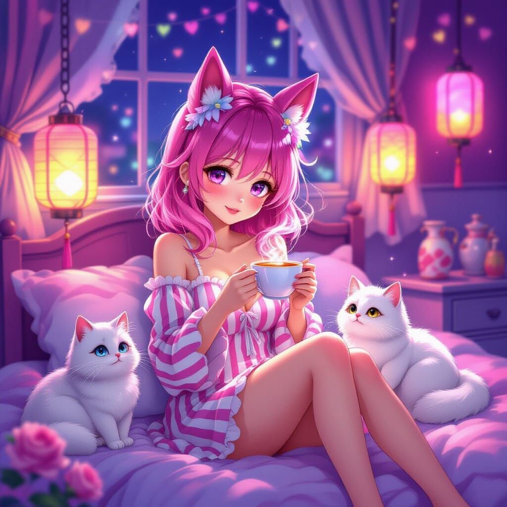 Anime Girl with Horse Ears and Cat Enjoying Tea