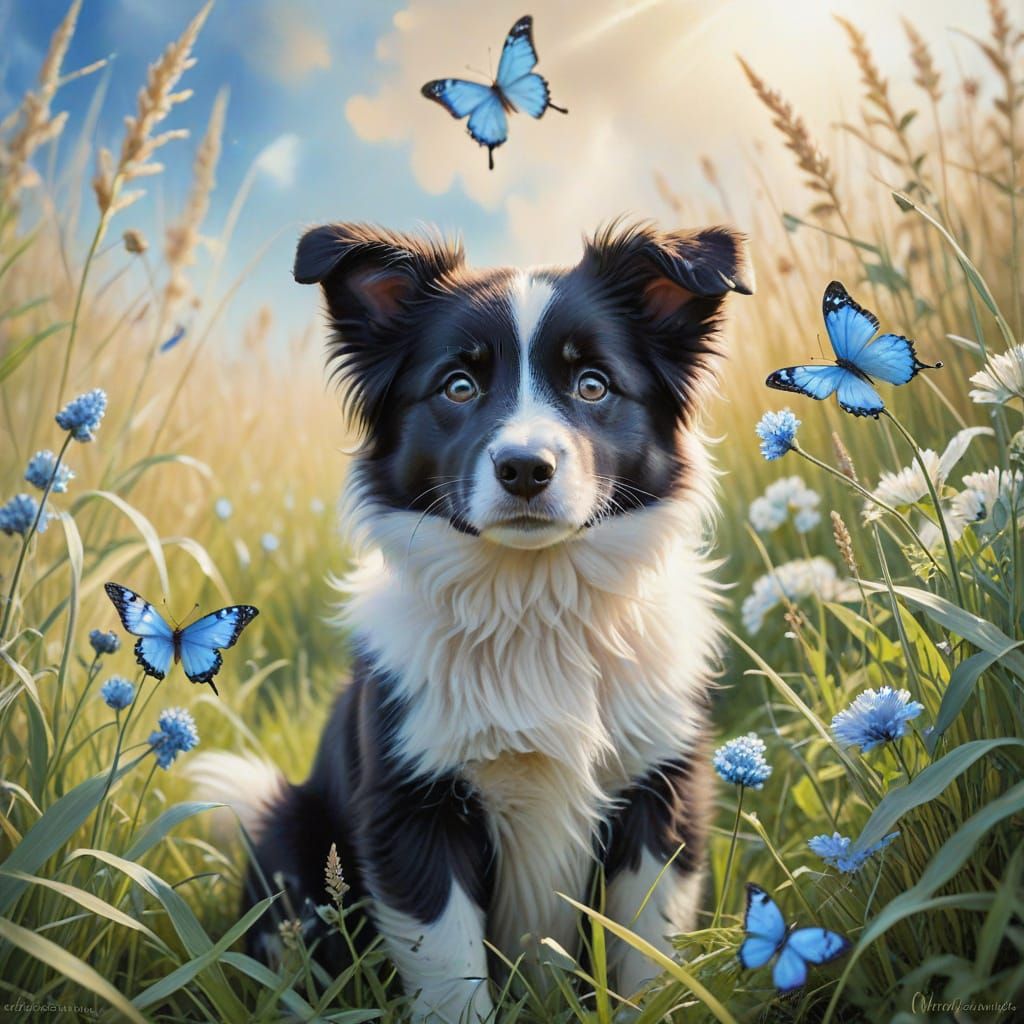 Whimsical Watercolor Border Collie and Butterfly