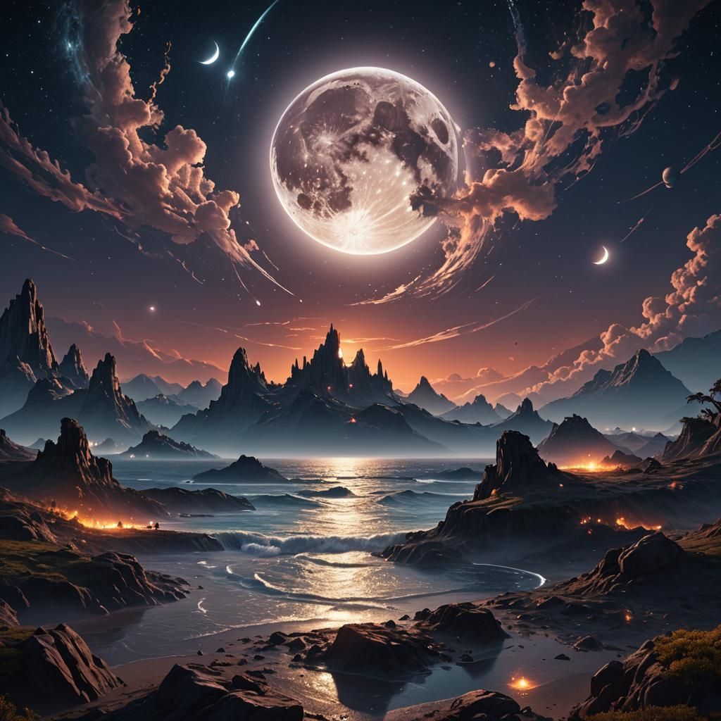 Fantastical Night World with Energy Waves in Deep Color