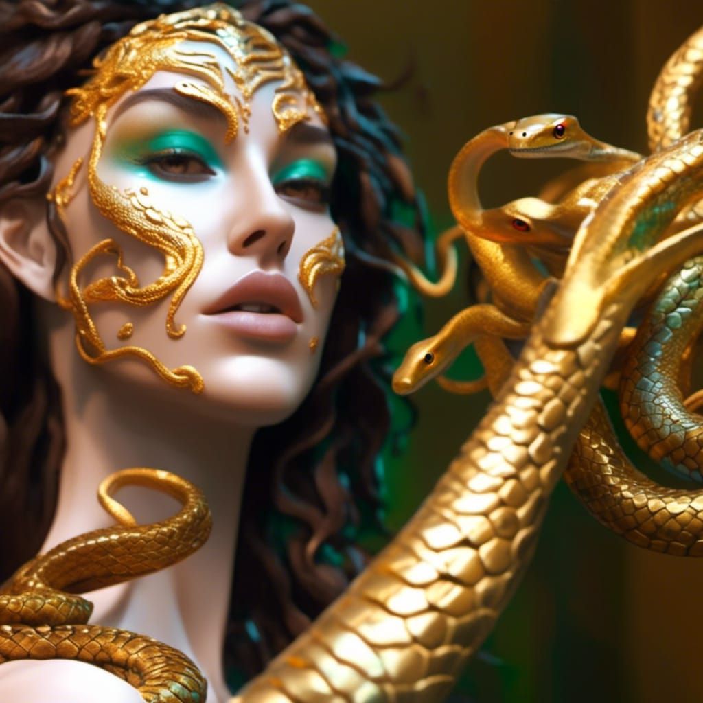 Hyperrealistic Medusa with Golden Snakes