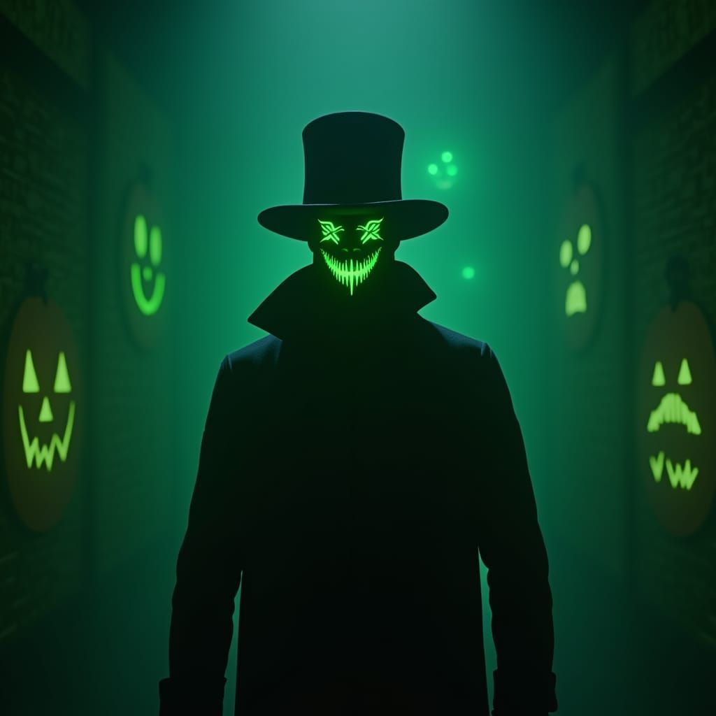 Mysterious Figure in Green Neon-Lit Room