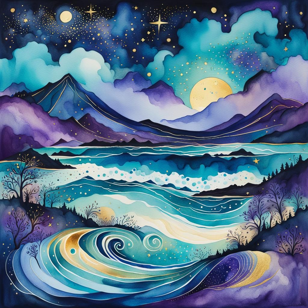 Abstract Watercolor Island Landscape at Night