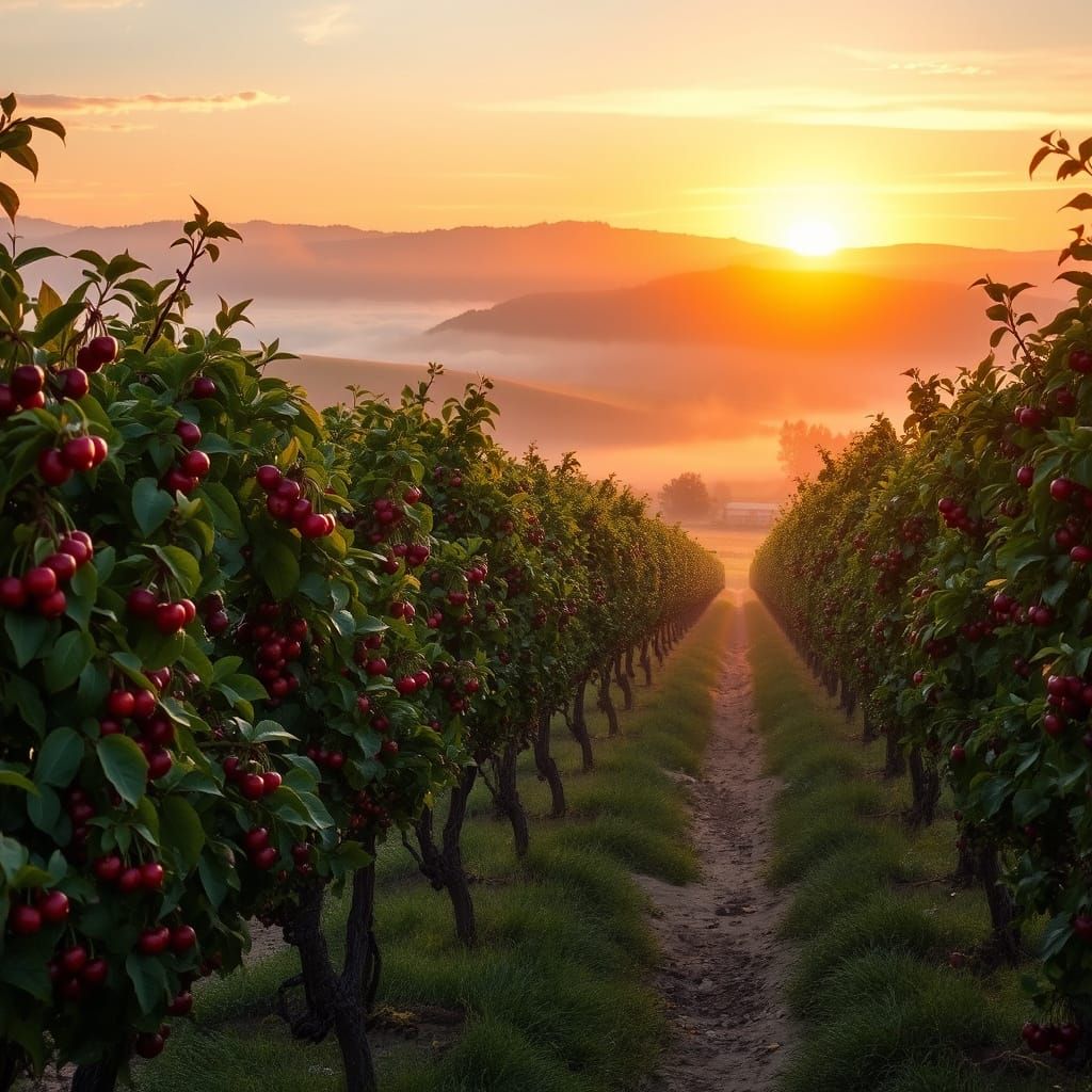 Cherry Vineyard at Dawn in Impressionist Style