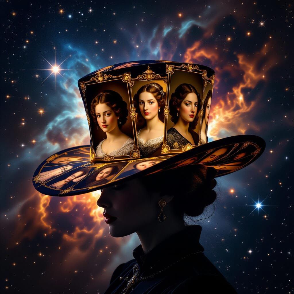 Glowing Hat of Portraits in Cosmic Baroque Style