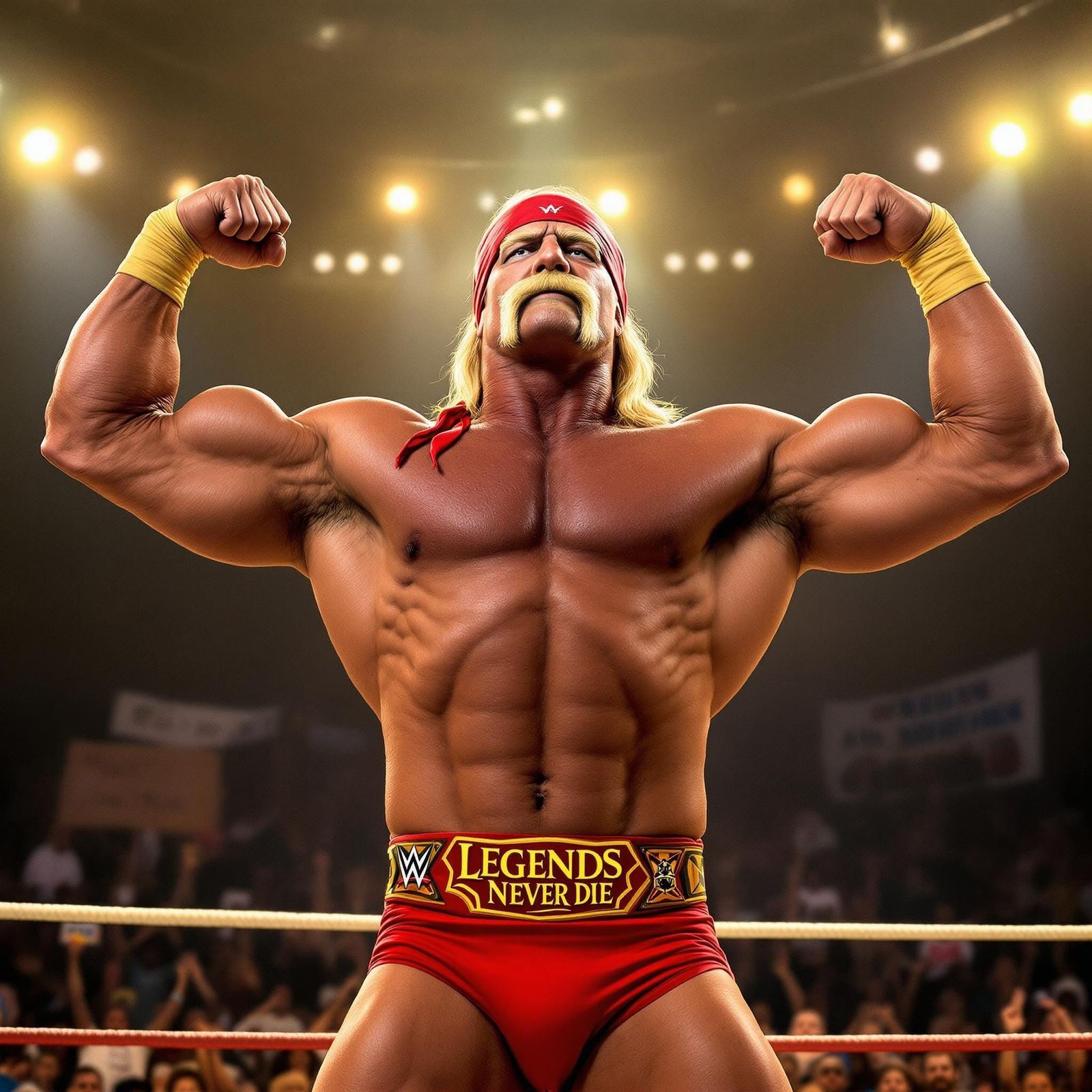 Hulk Hogan Flexing in Ring Surrounded by Fans