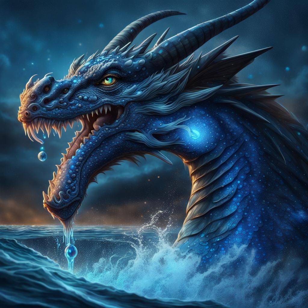 Mystical Water Dragon Flying Over Ocean