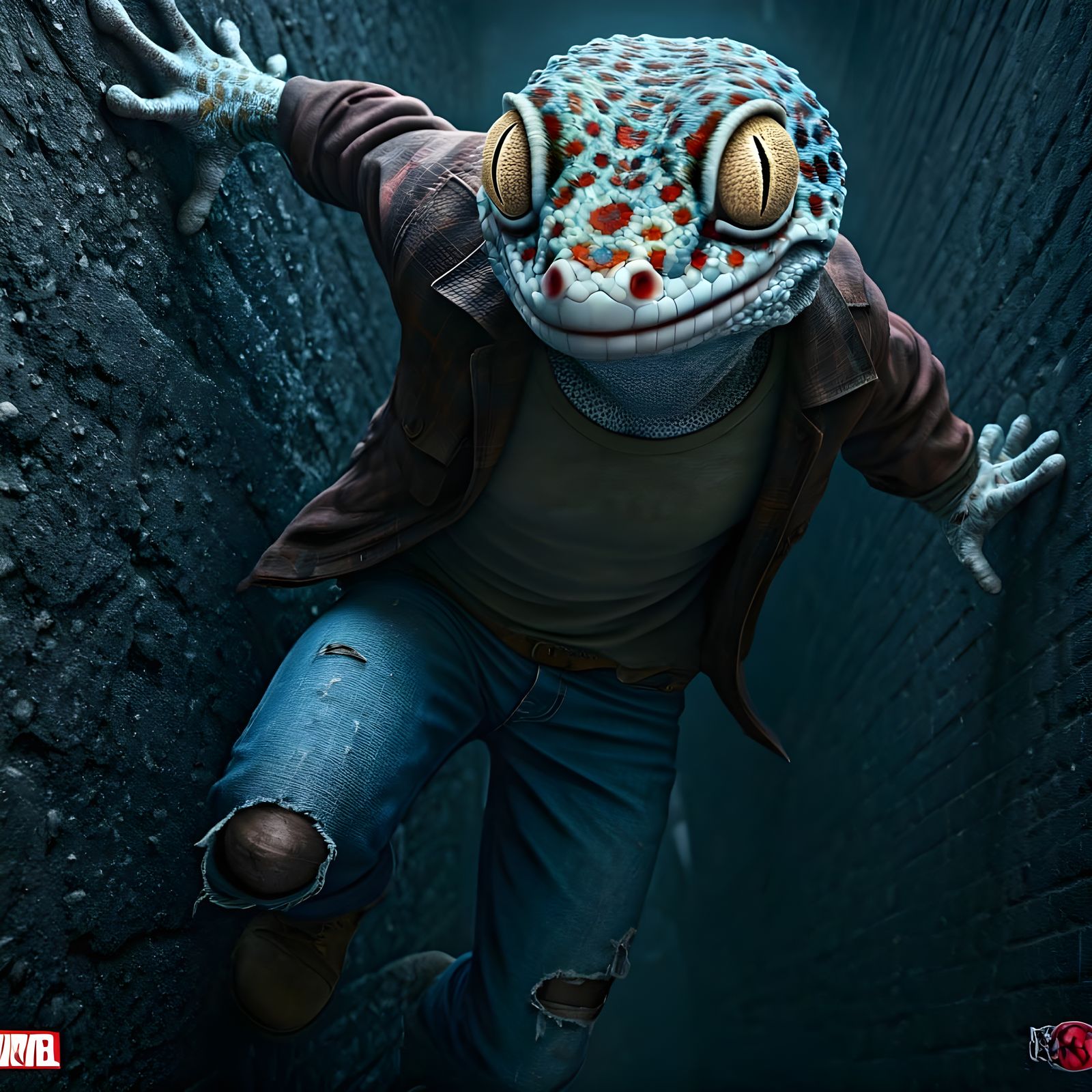 Gecko Man Climbs Dark Brick Wall with Determined Expression