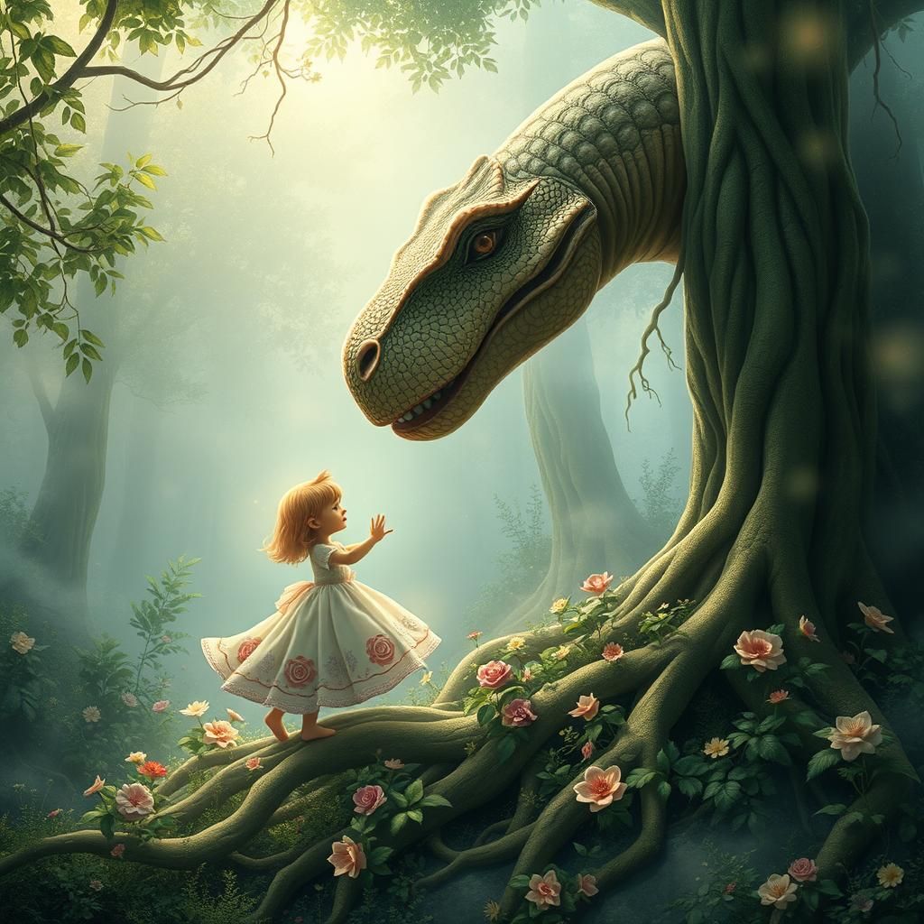 Enchanted Girl and Dinosaur in Luminous Forest