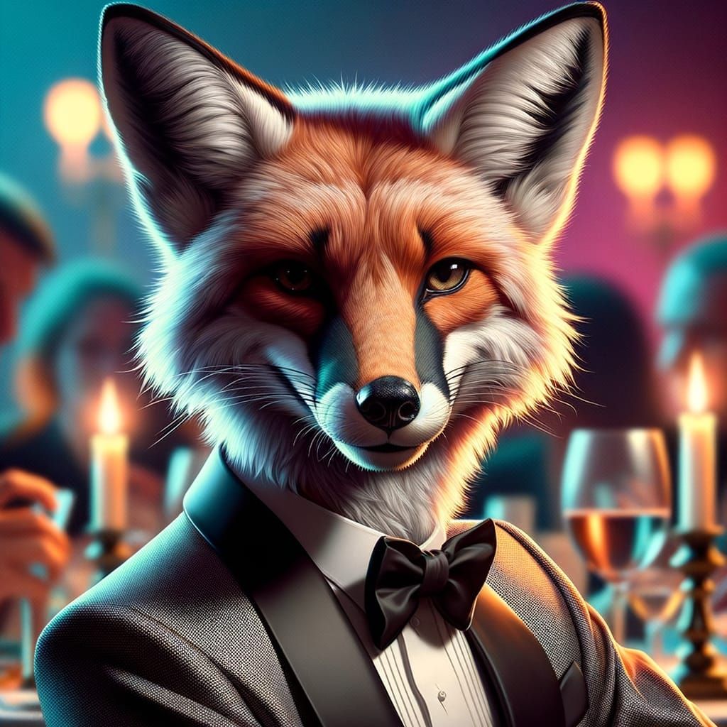 Sophisticated Fox in Tuxedo at Elegant Dinner Party