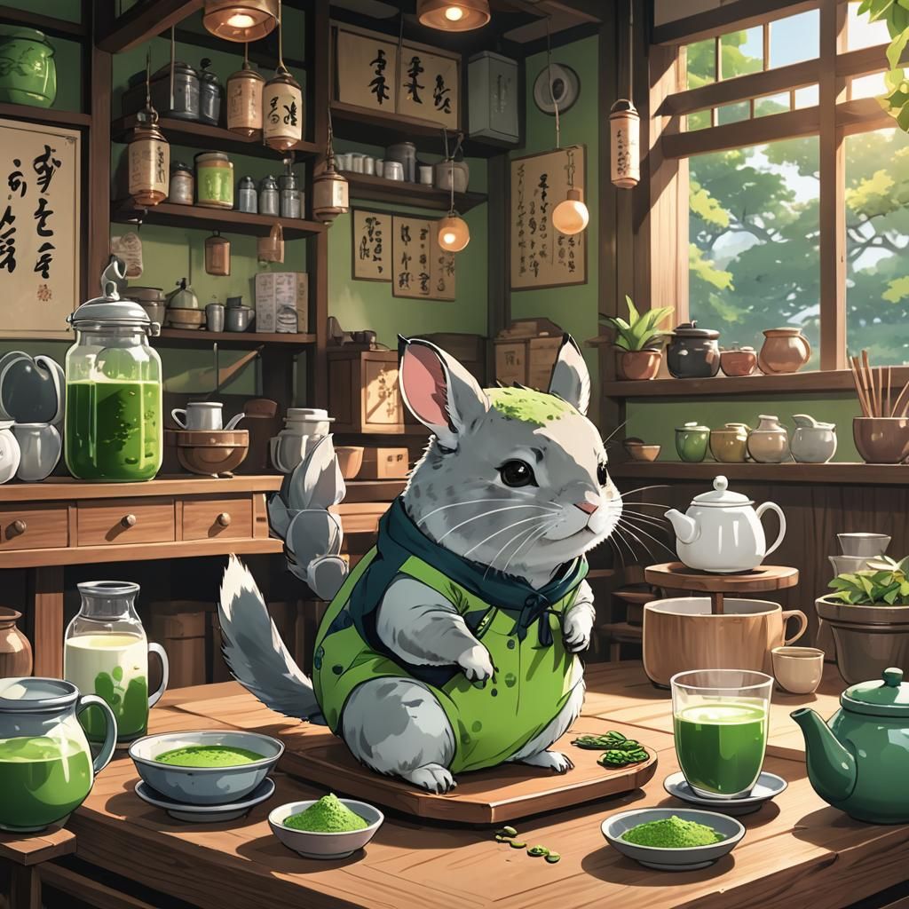 Chinchilla's Matcha Break: Anime-Style Tea House Scene